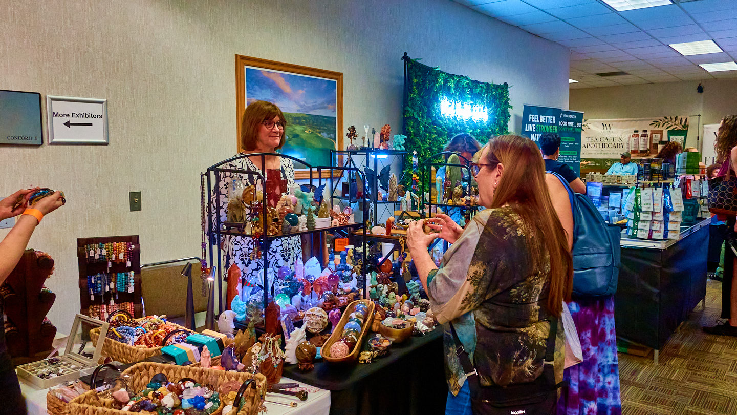 Attendee exploring a colorful vendor table at the Grapevine Wellness Expo, October 10–11, 2026.