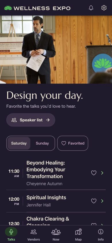 Expo Companion Talks screen showing the Saturday schedule and favorite hearts